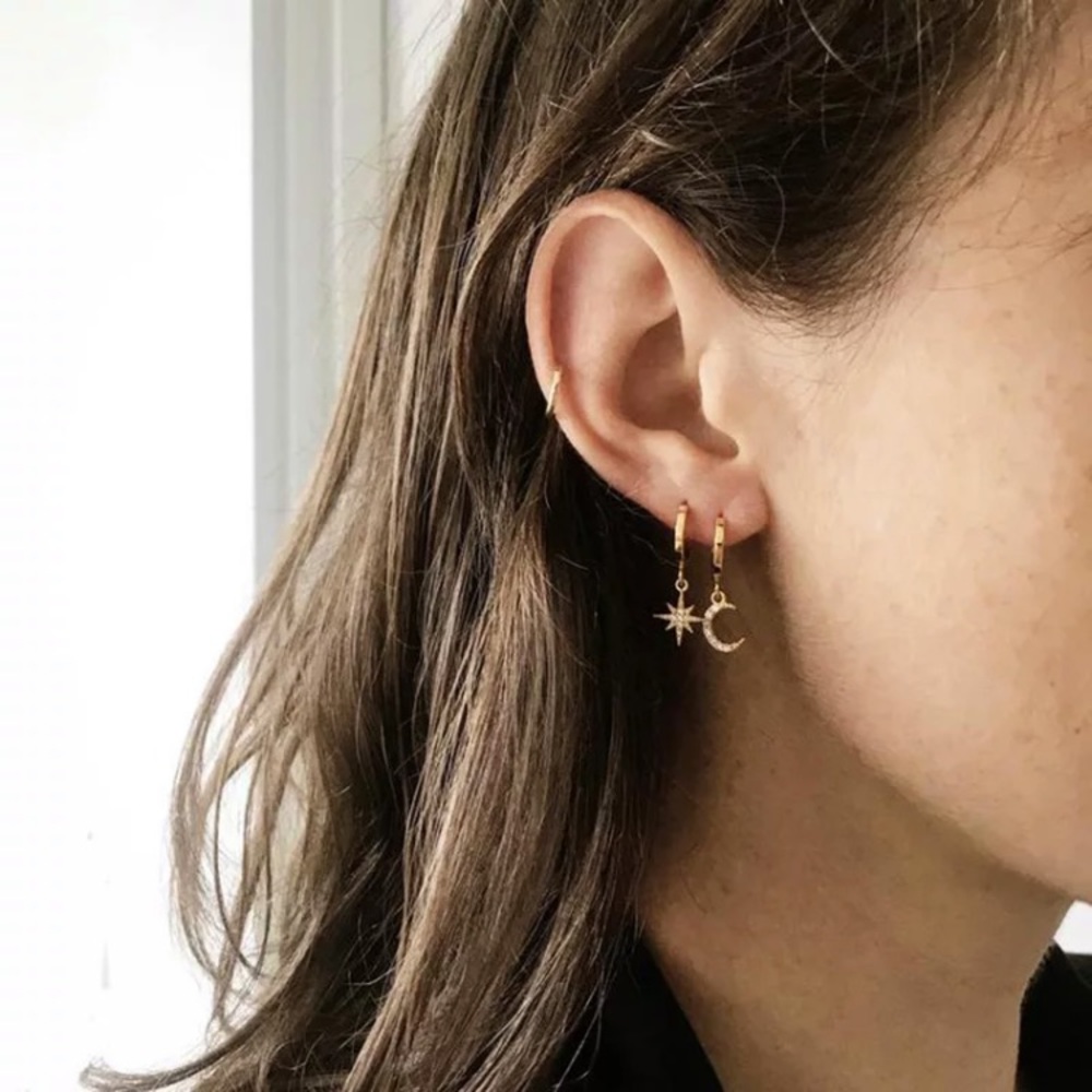 "Wish Upon A Star” Moon Space Hoop Diamond Earring - Picture 5 of 10